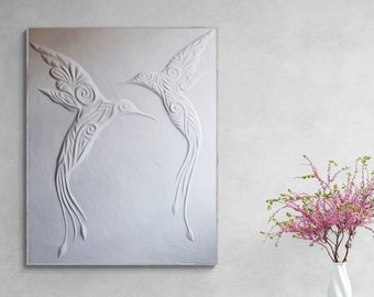 Hummingbird Plaster Wall Decoration, Nature Inspired 3D Wall Art For Minimalist Modern Home Decor, Hummingbirds Bas Relief Wall Art