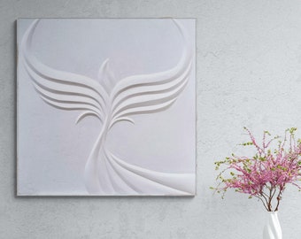 White Phoenix Rising Art Symbolizes Rebirth And Renewal | Phoenix Painting For Midcentury Modern Home Decor | 3D Plaster Art