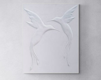 White Hummingbird Plaster Art, Mothers Day Gift, Minimalist 3D Wall Art For Midcentury Modern Decor, Two Hummingbirds Art Bas Relief