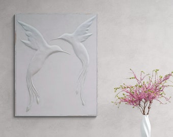 Hummingbird Plaster Wall Decoration, Minimalist 3D Wall Art For Midcentury Modern Decor, Two Hummingbirds Art Bas Relief