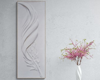 White Feather Plaster Art, Symbolizes Freedom & Flow, Bas Relief For Midcentury Modern Decor, Minimalist 3D Wall Art