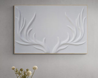 White Deer Antlers Painting | 3D Plaster Wall Art Symbolizes Harmony & Longevity | Midcentury Modern Decor | South Western Decor