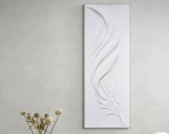 Abstract White Feather Plaster Wall Decoration, 3D Wall Art For Midcentury Modern Decor, Minimalist Feather Art Bas Relief