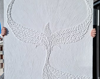 White Textured Phoenix Rising Art | Symbolizes Rebirth & New Beginnings | Unique Handmade Gift | Bas Relief Sculptural Art for Home Decor