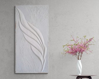 Minimalist White Feather Plaster Wall Decoration, 3D Wall Art For Midcentury Modern Decor, Abstract Feather Art Bas Relief