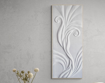 Abstract Botanical Relief, White Plaster Wall Art For Mid Century Modern Style, 3D Flowers Plaster Art