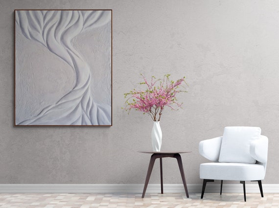 Pintura blanca Árbol de la vida Textura de punto 3d Arte de pared original  Decoración de arte de pared de árbol Ramas texturizadas Arte de pared  minimalista Decoración del hogar 