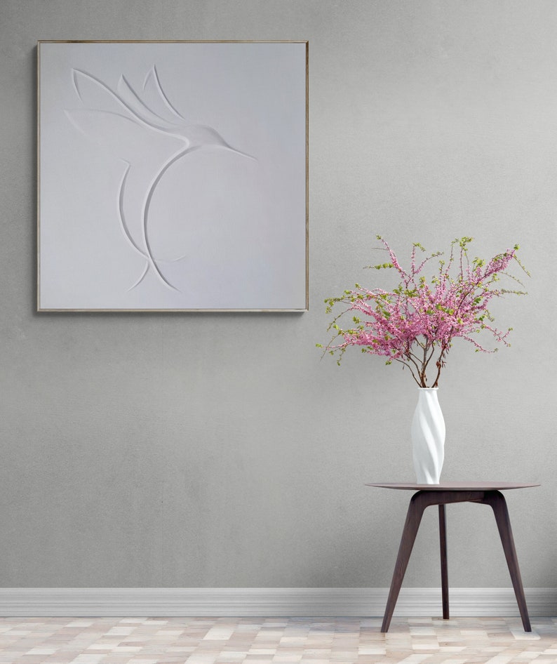 Hummingbird Plaster Wall Decoration, Minimalist 3D Wall Art For Midcentury Modern Decor, Abstract Hummingbird Art Bas Relief image 9