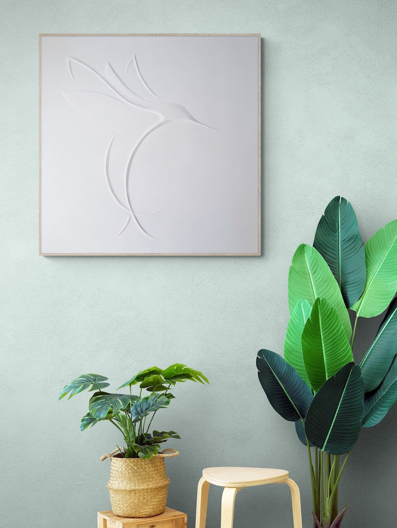 Hummingbird Plaster Wall Decoration, Minimalist 3D Wall Art For Midcentury Modern Decor, Abstract Hummingbird Art Bas Relief image 1