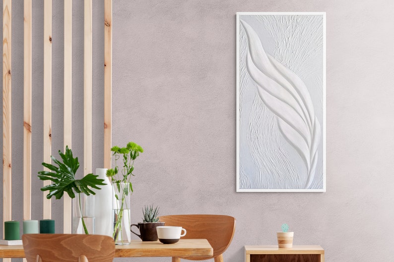 Minimalist White Feather Plaster Wall Decoration, 3D Wall Art For Midcentury Modern Decor, Abstract Feather Art Bas Relief image 8