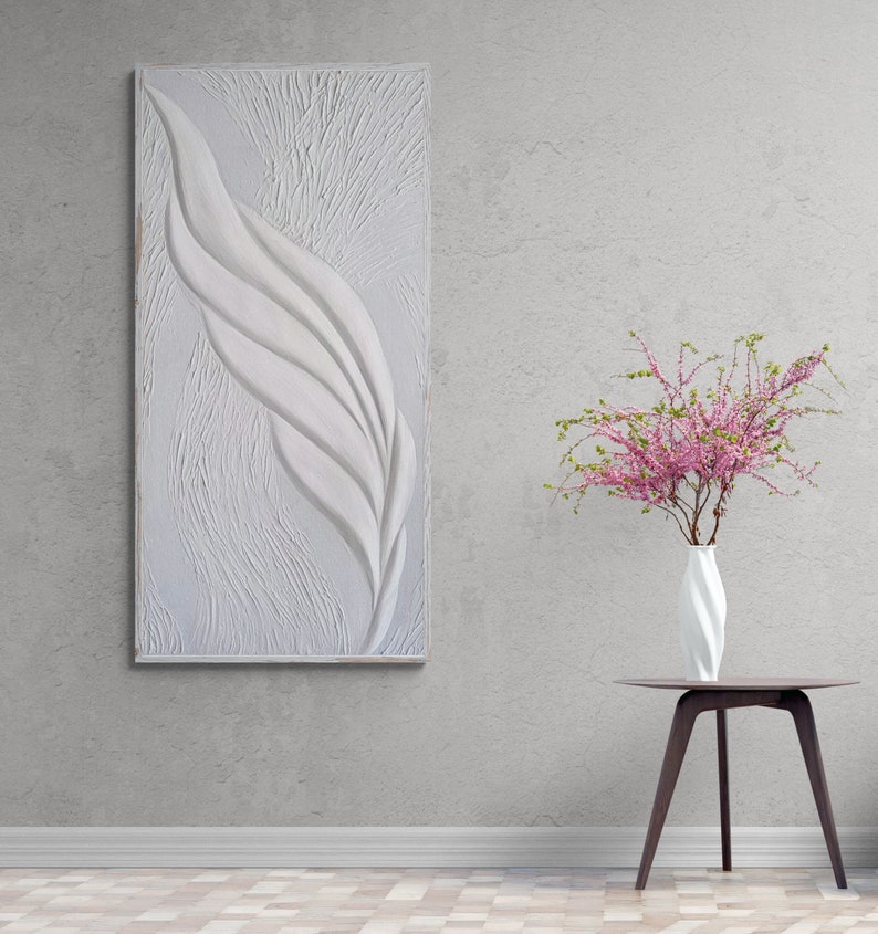 Minimalist White Feather Plaster Wall Decoration, 3D Wall Art For Midcentury Modern Decor, Abstract Feather Art Bas Relief image 1