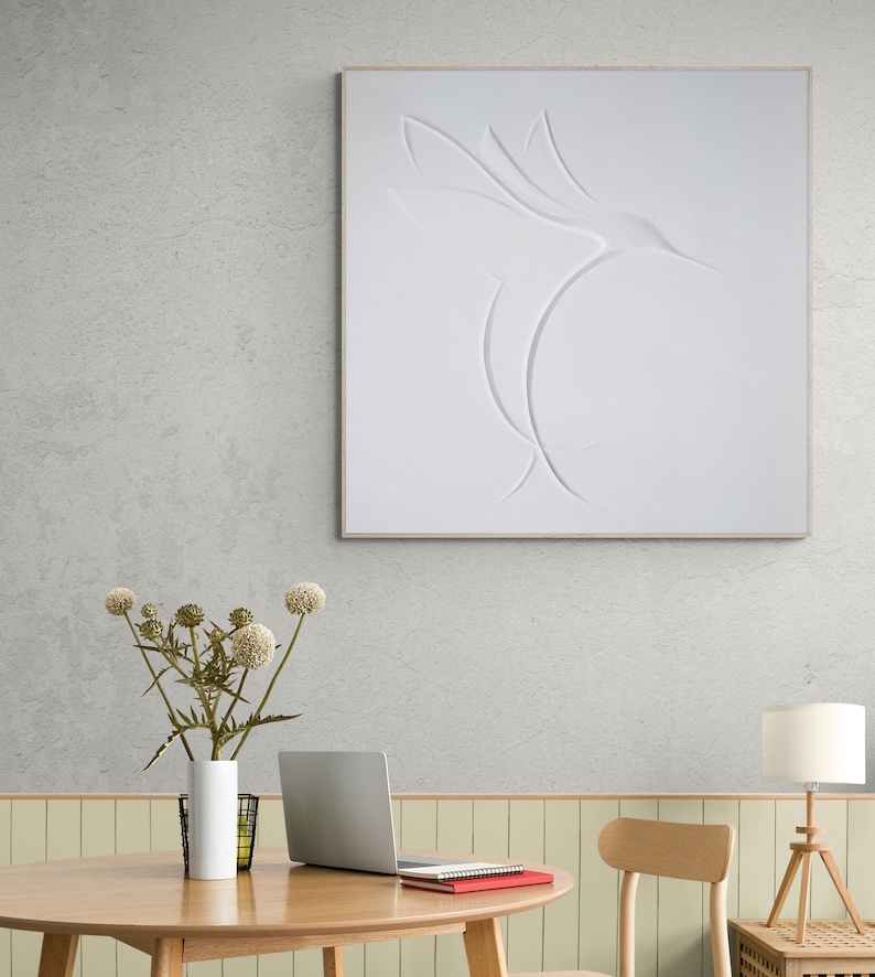 Minimalist Hummingbird Plaster Wall Decoration, 3D Wall Art For Boho Decor, Abstract Hummingbird Art Bas Relief image 6