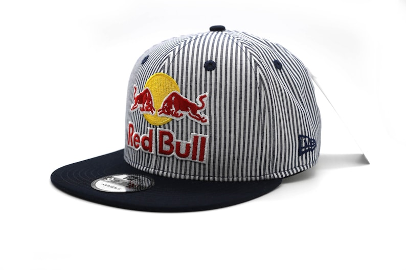 Navy Blue Striped Red Bull Cap Flat Brim Adjustable Hip Hop image 1