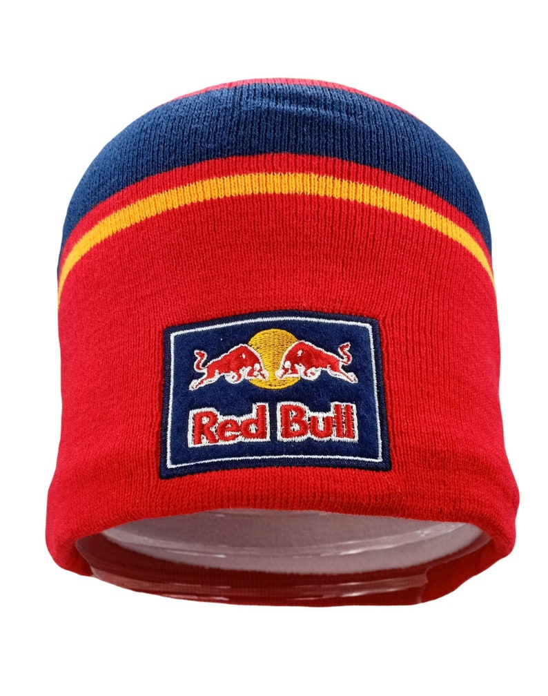 Striped Red Bull Beanie Hat with Blue Red Yellow Stripes image 1