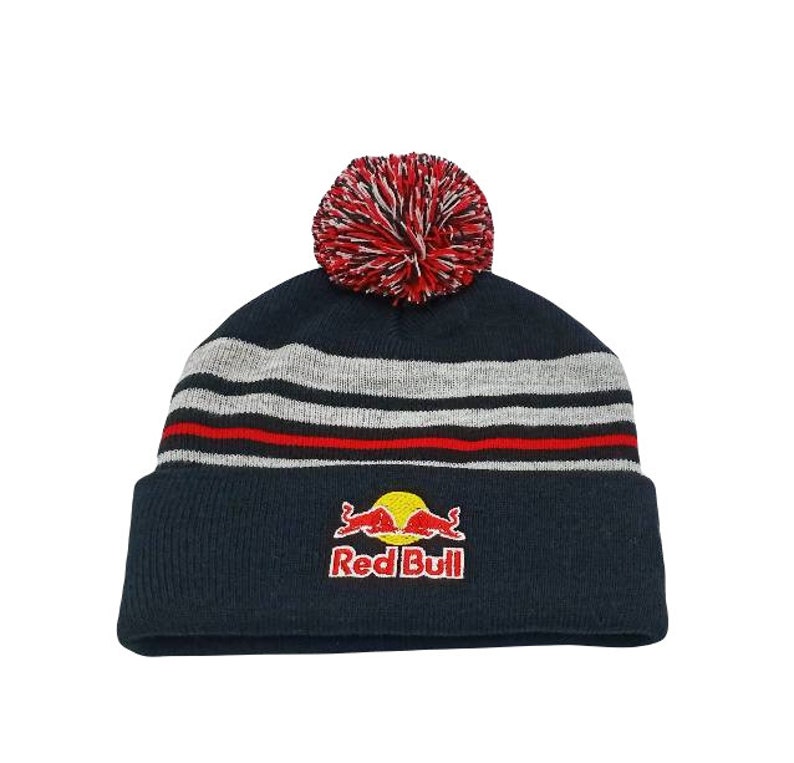 Pompom Red Bull Beanie Gray Black Red Striped Hat image 5