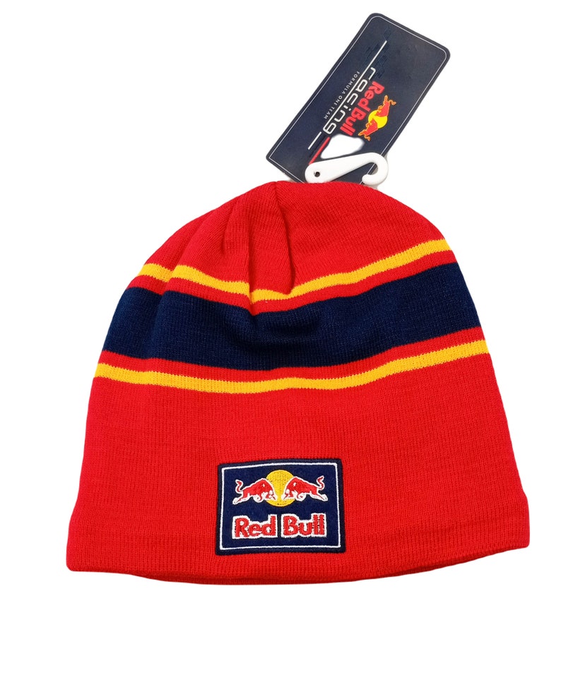 Striped Red Bull Beanie Hat with Blue Red Yellow Stripes image 2