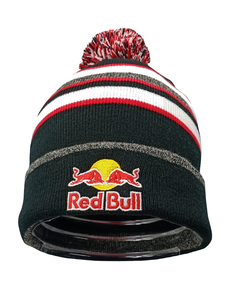 Striped Red Bull Beanie Pompom Hat with Red White Black Grey image 1