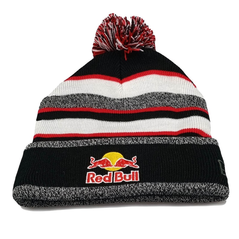Striped Red Bull Beanie Pompom Hat with Red White Black Grey image 3