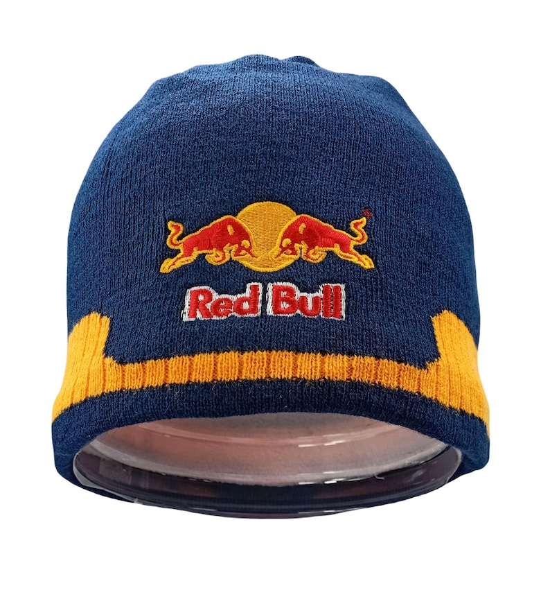 Blue Beanie Red Bull Skull Cap with Yellow Brim image 1