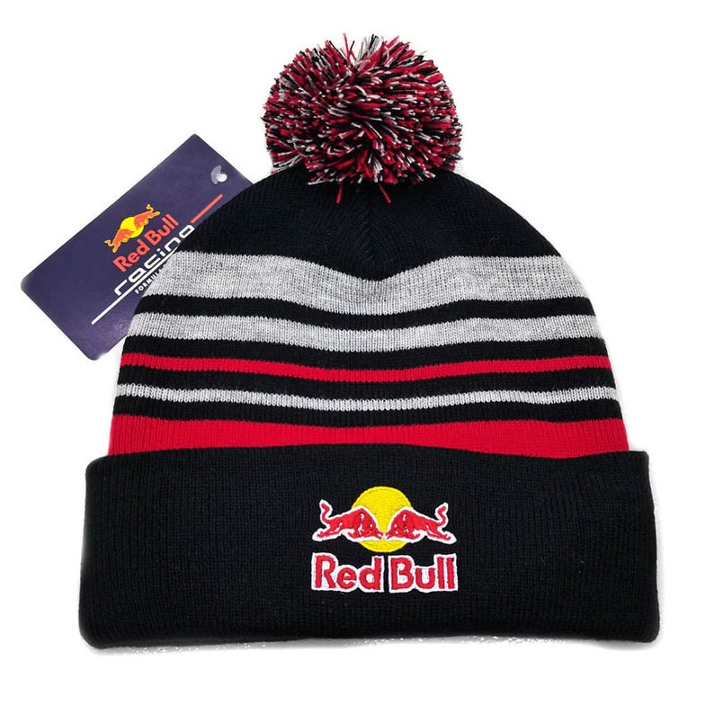 Pompom Red Bull Beanie Gray Black Red Striped Hat image 6