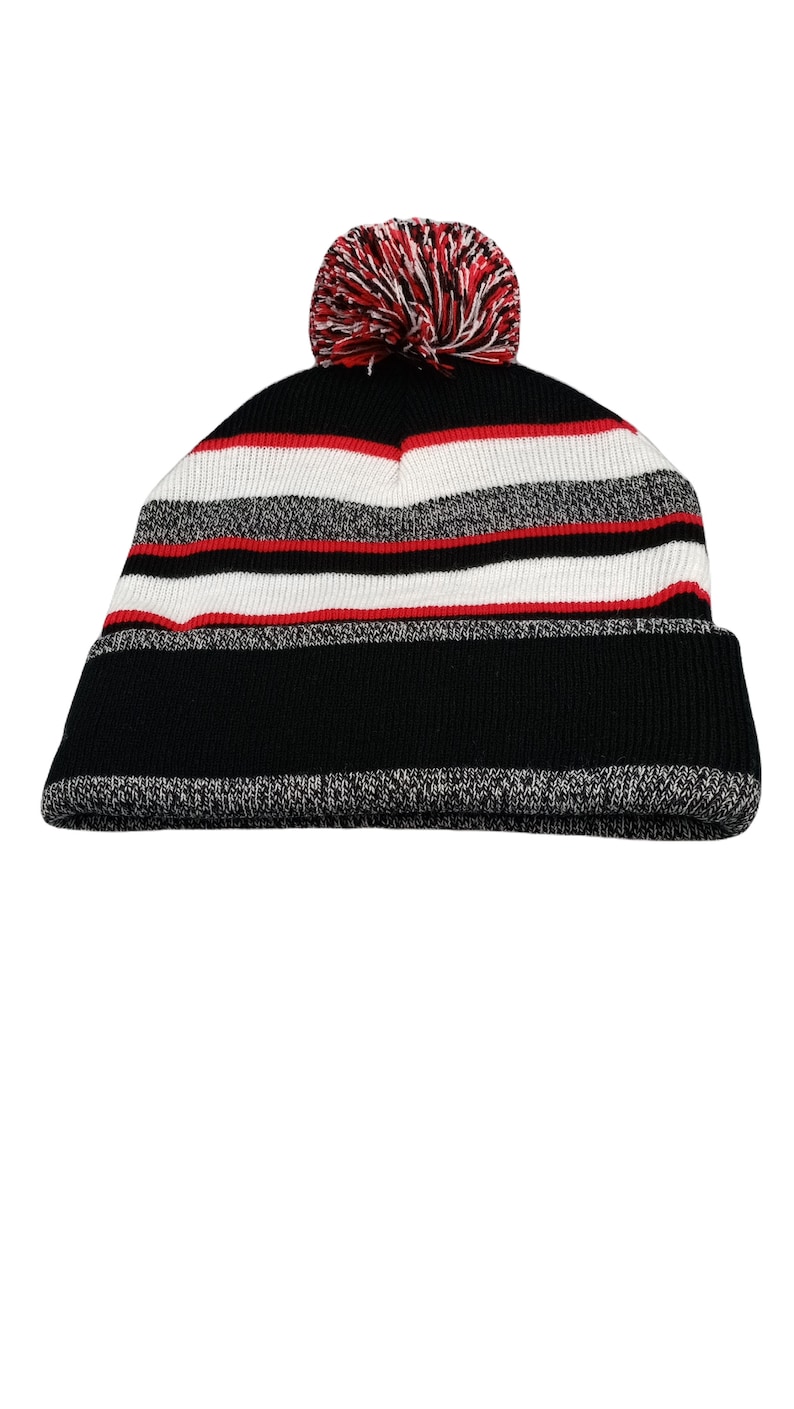 Striped Red Bull Beanie Pompom Hat with Red White Black Grey image 5