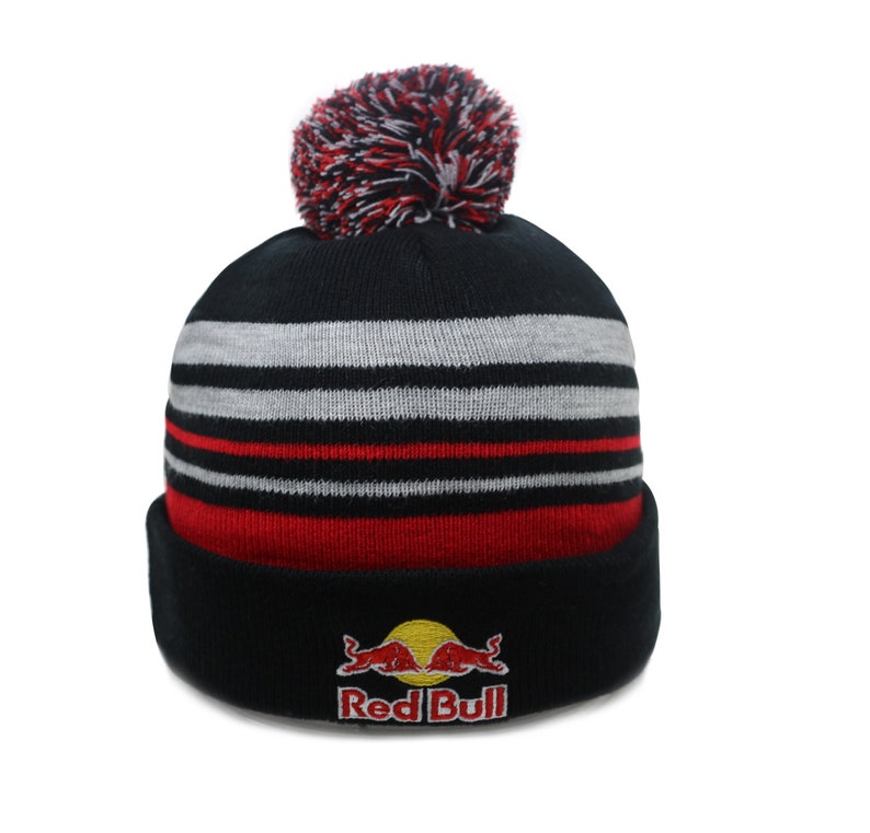 Pompom Red Bull Beanie Gray Black Red Striped Hat image 2