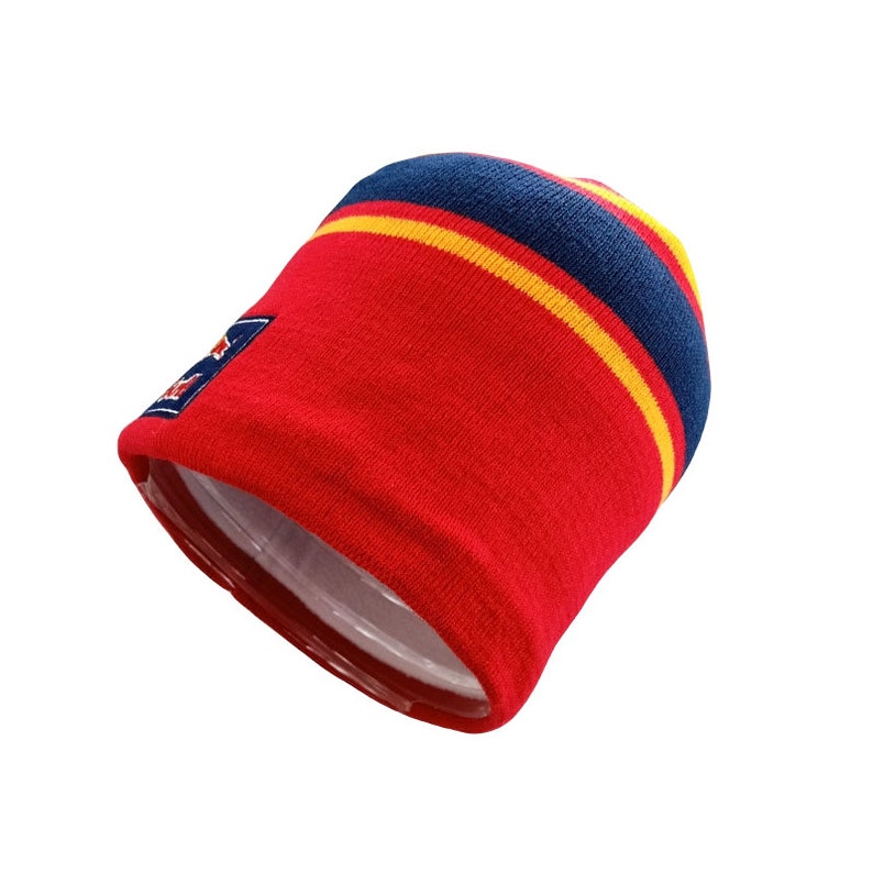 Striped Red Bull Beanie Hat with Blue Red Yellow Stripes image 3