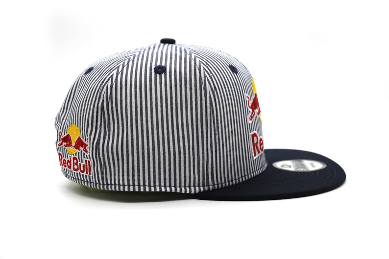 Navy Blue Striped Red Bull Cap Flat Brim Adjustable Hip Hop image 5