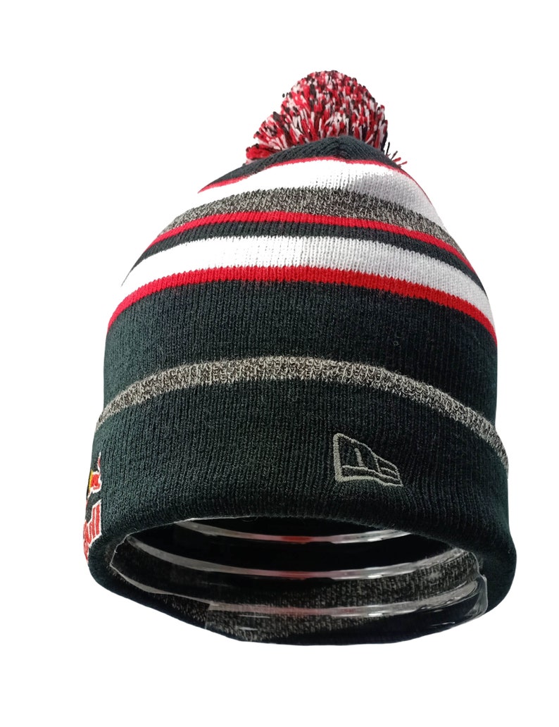 Striped Red Bull Beanie Pompom Hat with Red White Black Grey image 2