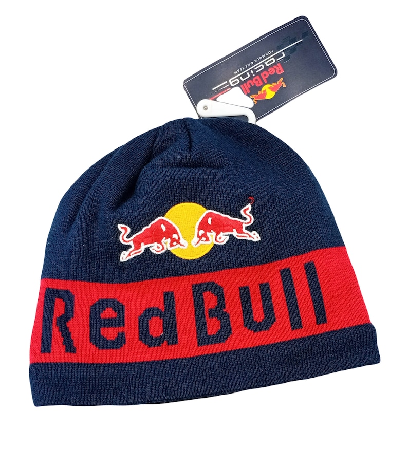 Blue Beanie Red Bull Hat with Bold Red Stripe image 3