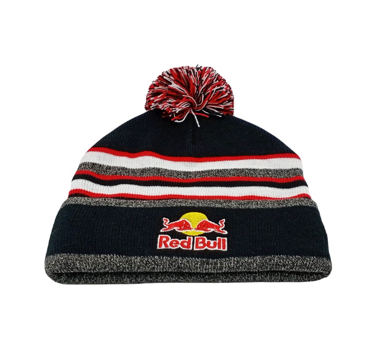 Striped Red Bull Beanie Pompom Hat with Red White Black Grey image 4