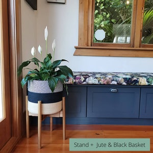 Indoor Plant Stand + Basket | Acacia or Bamboo Tall Mid Century Planter With Adjustable Width | Pair with Plant Rope Basket