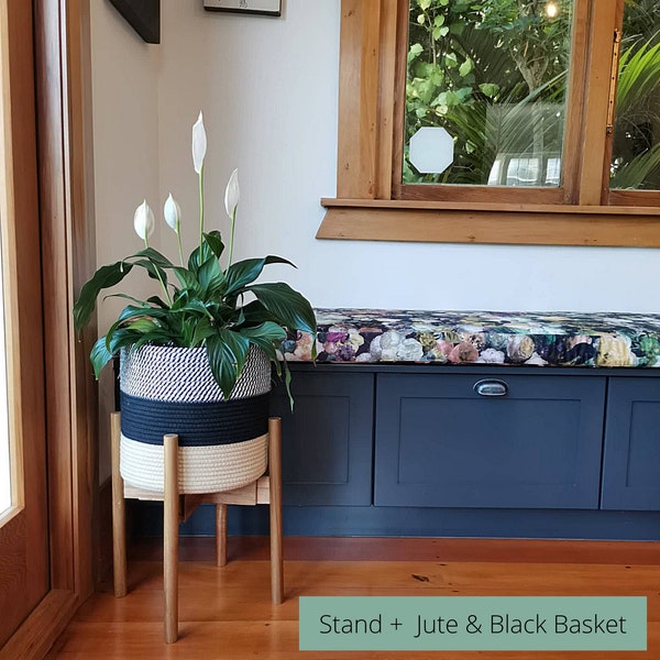 Indoor Plant Stand + Basket | Acacia or Bamboo Tall Mid Century Planter With Adjustable Width | Pair with Plant Rope Basket