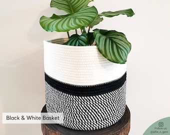 Plant Basket Jute, Black & White| Medium-Large Plant Pot Cover| 11" planter| Woven Storage basket | Home Organization Craft Basket | Cotton