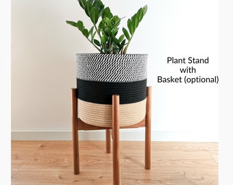 Mid-Century Adjustable Wooden Plant Stand with Woven Cotton Rope Basket: Acacia Wood or Bamboo large Pot Holder for Indoor Plants 9-12"