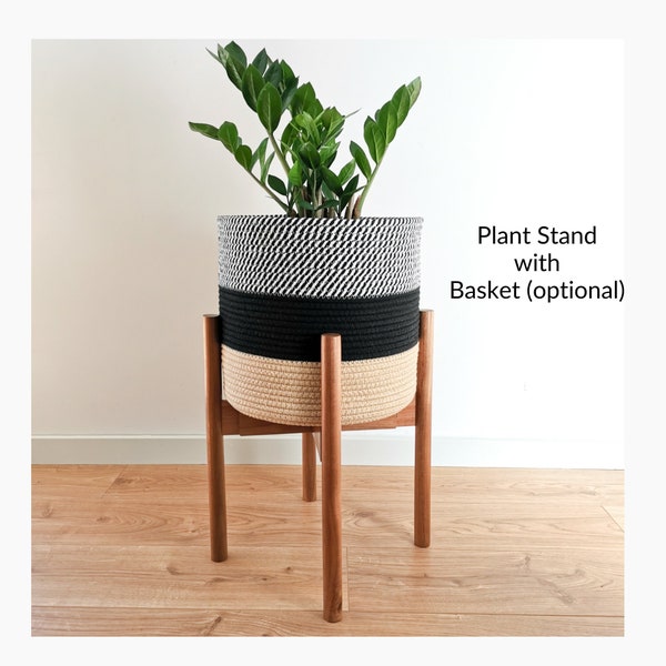 Mid-Century Adjustable Wooden Plant Stand with Woven Cotton Rope Basket: Acacia Wood or Bamboo large Pot Holder for Indoor Plants 9-12"