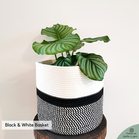 Plant Basket Jute Black White Medium large Plant Pot Cover 11