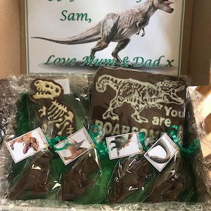 Handmade Dinosaur T Rex Birthday or celebration chocolate box hamper can be personalised