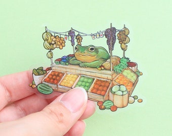 Fruit Stand Frog Clear Vinyl Sticker | 3 x 2.4 inches | Transparent, Durable, Waterproof Colorful, Funny Farmer's Market Vendor Animal Decal