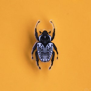 May include: A black and white beetle pin with intricate details. The beetle is set against a bright yellow background.