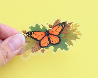 Etiqueta engomada de vinilo transparente monarca de otoño / 3" x 1.67" / Mariposa duradera e impermeable con hojas y bellotas Otoño y insecto de Halloween, calcomanía de insectos