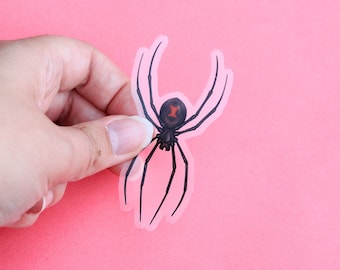 Autocollant en vinyle transparent araignée veuve noire | 3 x 1,56 pouces | Décalcomanie transparente, résistante et imperméable à l'eau sur le thème de la nature pour Halloween