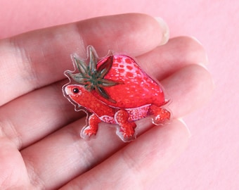 Strawberry Turtle Acrylic Pin w/ Rubber Clutch | Tiny 1.25" x 1.23" Fantasy Animal Pin | Cute Pink Food-Inspired Gift for Turtle Lovers