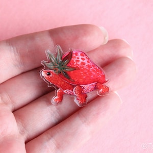 Strawberry Turtle Acrylic Pin w/ Rubber Clutch | Tiny 1.25&quot; x 1.23&quot; Fantasy Animal Pin | Cute Pink Food-Inspired Gift for Turtle Lovers