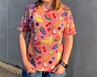 Fruit Salad Unisex T-shirt | Vibrant, Cute, Colorful All Over Print Food Pattern T-Shirt for Spring & Summer Warm Weather | Made to Order