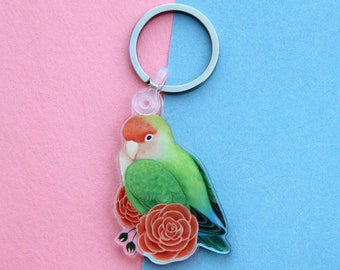 Peach-faced Lovebird Acrylic Keychain with Removable Keychain Attachment | Cute, Colorful Gift for Pet Bird Owners and Parrot Lovers