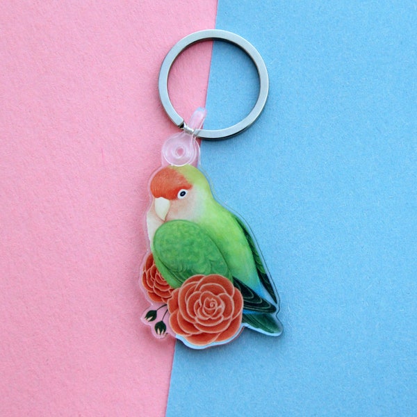 Peach-faced Lovebird Acrylic Keychain with Removable Keychain Attachment | Cute, Colorful Gift for Pet Bird Owners and Parrot Lovers