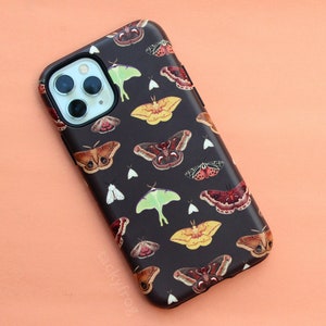 Moth Pattern Tough Phone Case for iPhone® & Samsung Galaxy® | Cute Nature Themed Bug and Insect Brown Cellphone Case with Autumn Colors
