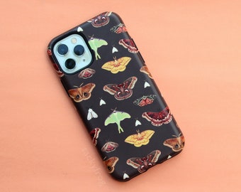 Moth Pattern Tough Phone Case for iPhone® & Samsung Galaxy® | Cute Nature Themed Bug and Insect Brown Cellphone Case with Autumn Colors