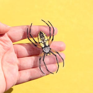May include: A clear sticker of a yellow and black spider with a white abdomen. The spider is on a yellow background.